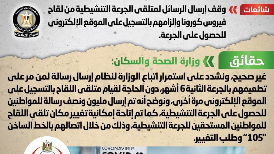 نفي الحكومة وقف إرسال الرسائل لمتلقى الجرعة التنشيطية من لقا