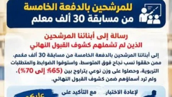 بشرى للمستبعدين من الدفعة الخامسة بمسابقة الـ30 ألف معلم