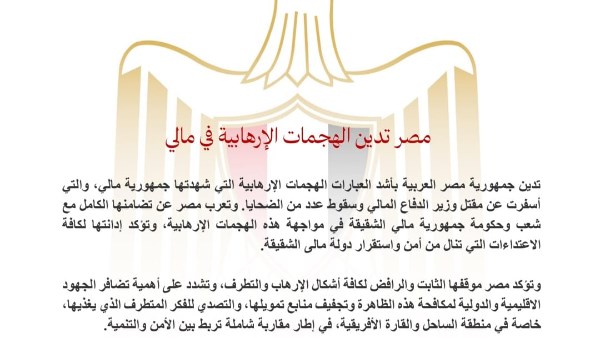 مصر تدين الهجمات الإرهابية في مالي وتؤكد تضامنها الكامل مع الحكومة والشعب المالي