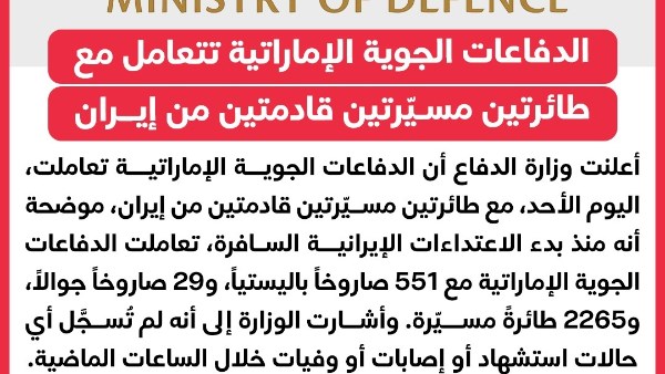وزارة الدفاع الإماراتية: الدفاعات الجوية تتصدى لطائرتين مسيرتين قادمتين من إيران 