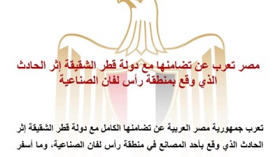 مصر تعلن تضامنها الكامل مع قطر بعد حادث منطقة رأس لفان الصناعية وتتمنى الشفاء للمصابين