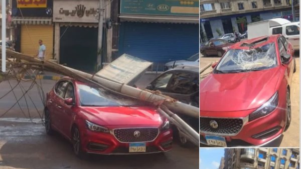 استغاثة مالك سيارة بعد سقوط عمود إنارة عليها في مصر الجديدة